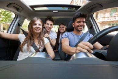 Car Insurance Comparison Illustration: a family car driving safely and a bar chart showing savings