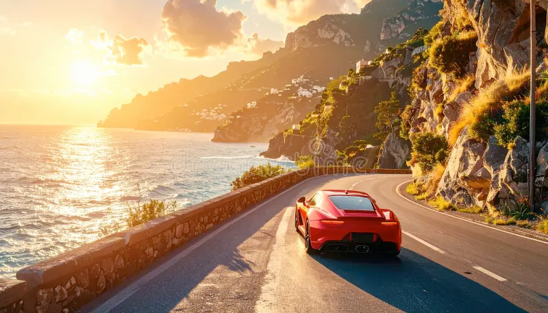A modern car driving on a coastal road, representing freedom and savings.